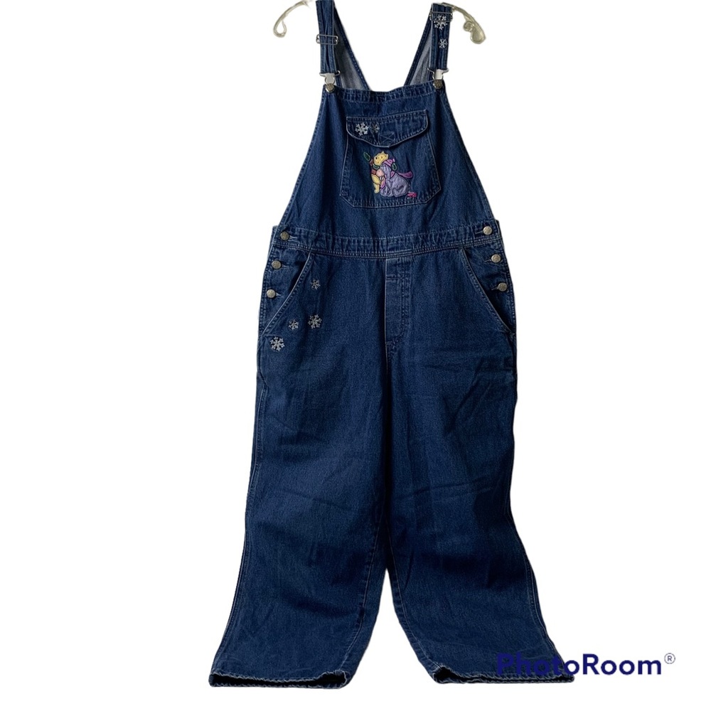 Disney Store Denim Overalls Women’s Size Lrg Winnie the Pooh Eeyore Snowflakes
